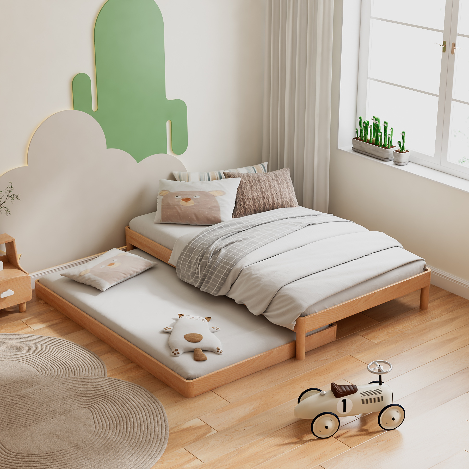 蒙氏地台床成长型无床头婴儿童床全纯实木一米二地板床小孩房布置