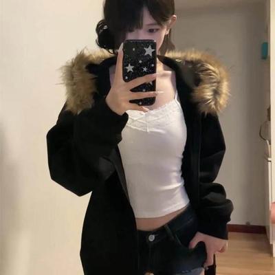 美WCW式复古毛领拉开衫连帽瘦外显套女链秋季新款设计感百搭宽松