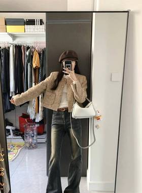 EZS香套风高级感气质毛呢新款长上袖小开衫外女装早春法式复古短