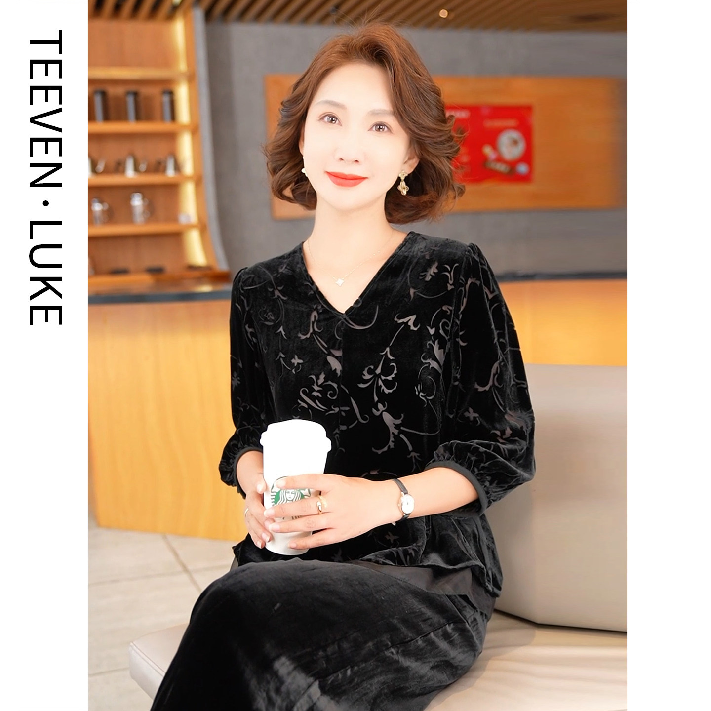 迪芬璐嘉真丝丝绒上衣女
