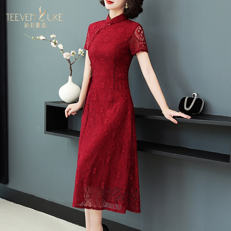 喜婆婆婚宴礼服高贵蕾丝旗袍改良款连衣裙女2022夏季新款气质妈妈