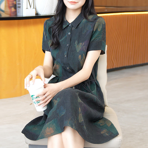 2023新款杭州大牌真丝连衣裙女复古中年妈妈香云纱桑蚕丝裙子夏季