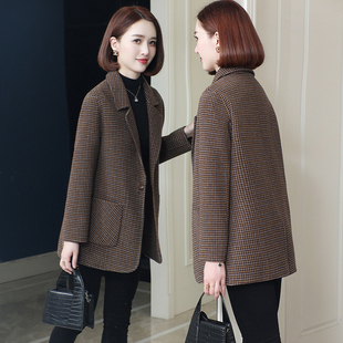 千鸟格西服外套女复古中年妈妈短款小个子双面呢大衣2023秋冬新款