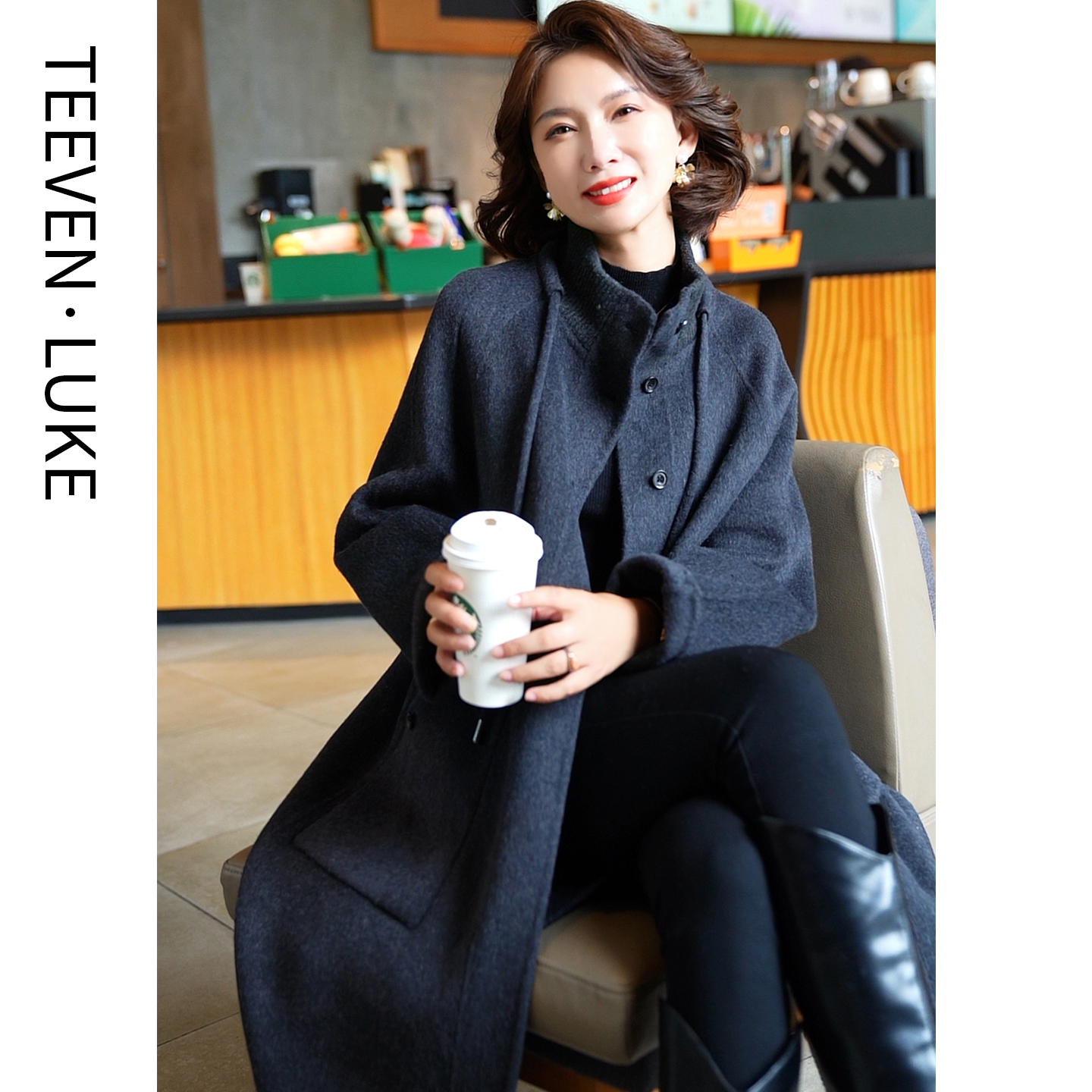 2025年新款韩版修身中年立领毛呢外套气质双面呢羊毛大衣长款秋冬