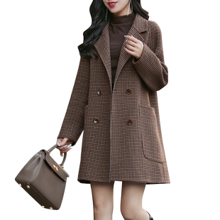 休闲百搭千鸟格妈妈毛呢外套女秋冬季时尚双面呢大衣流行2023新款