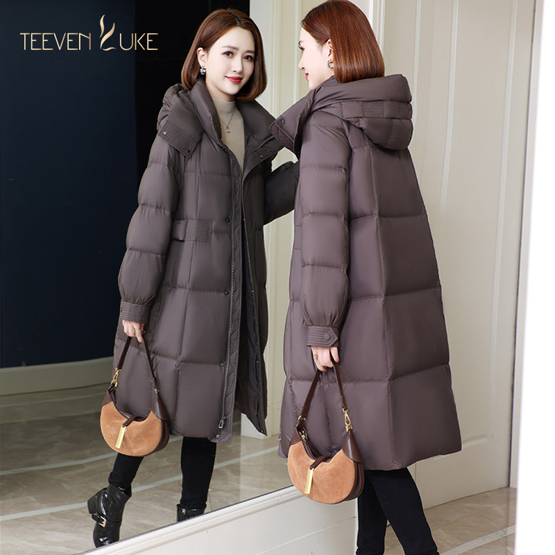 2024冬新款休闲女羽绒服时尚韩版宽松白鸭绒小个子妈妈外套中长款