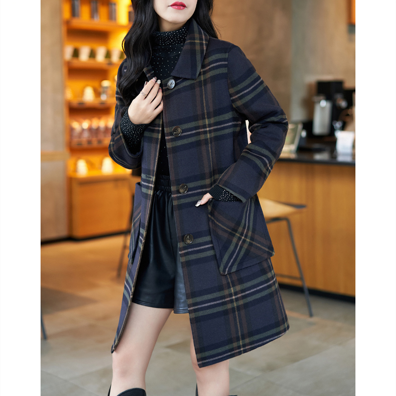 迪芬·璐嘉羊毛双面呢格子大衣女