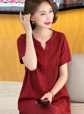 2026新款红色香云纱真丝连衣裙妈妈高端桑蚕丝裙子夏大牌杭州丝绸
