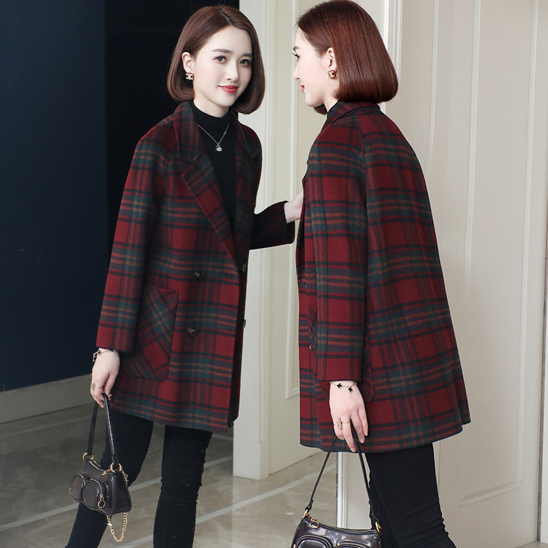 酒红格子双面呢羊毛大衣女小个子中年妈妈毛呢外套2025年秋冬新款