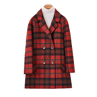 红色格子双面呢大衣女韩版小个子羊毛呢西装外套秋冬季新款2023年