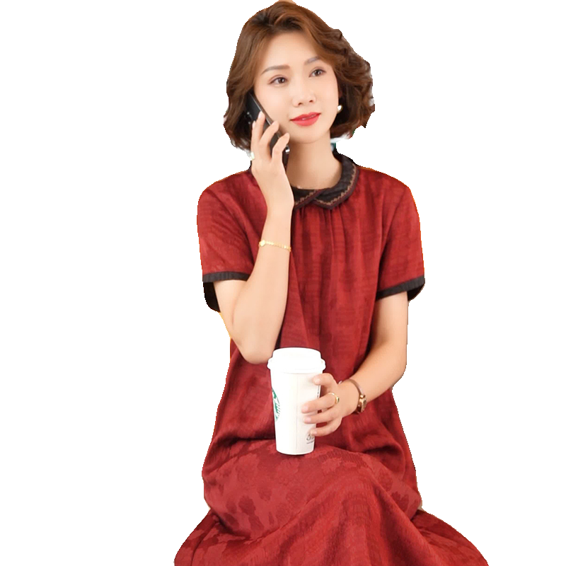 红色妈妈真丝香云纱连衣裙气质显瘦杭州大牌桑蚕丝裙子夏新款2023