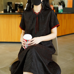 2023年新款中国风真丝香云纱连衣裙女复古杭州大牌桑蚕丝裙子夏季