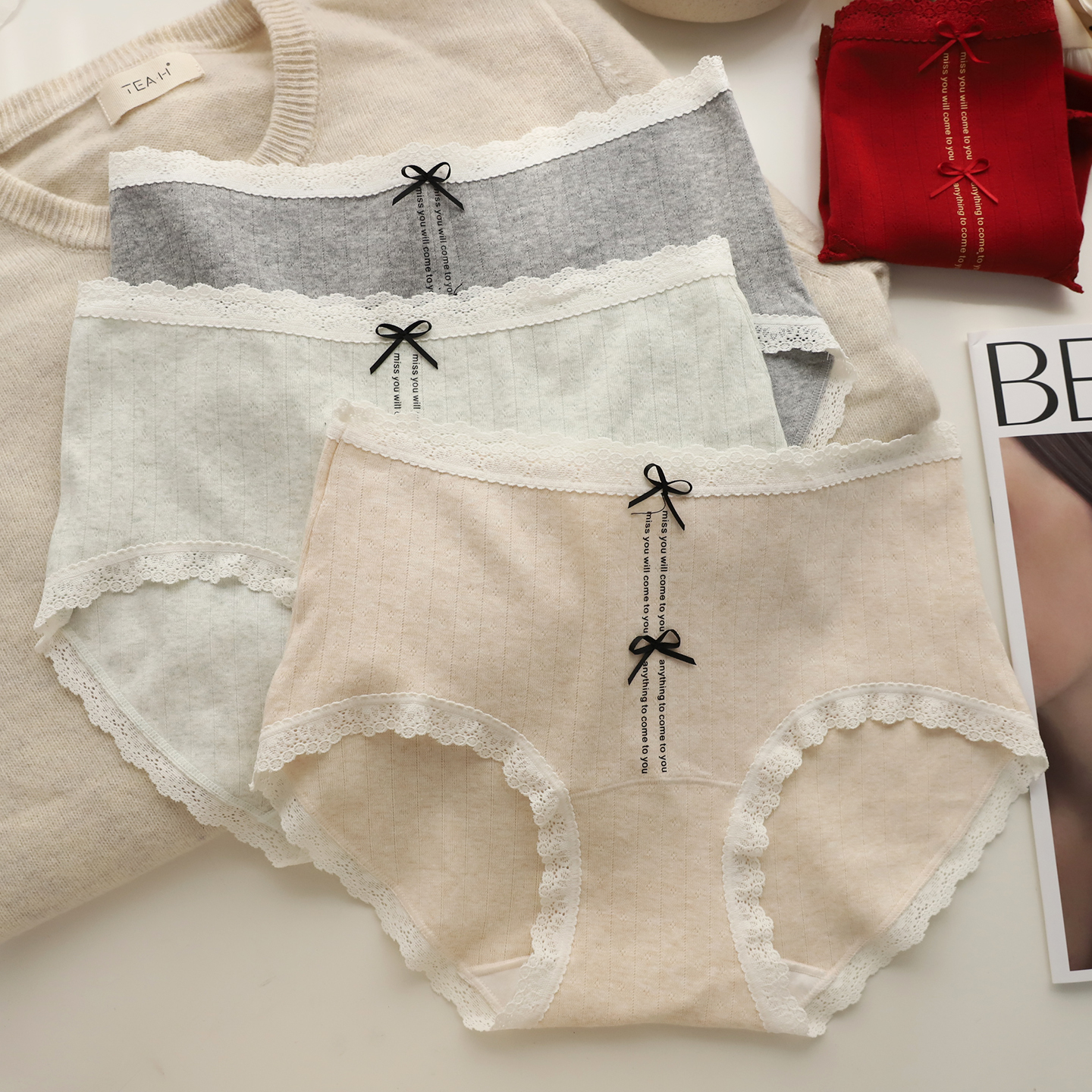 纯棉提花舒适高弹力不紧勒蕾丝边少女蝴蝶结甜美中腰包臀棉裆内裤