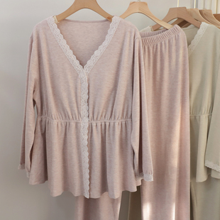 秋冬羊绒蛋白磨毛家居服套装宽松长袖蕾丝边带胸垫外穿保暖睡衣女