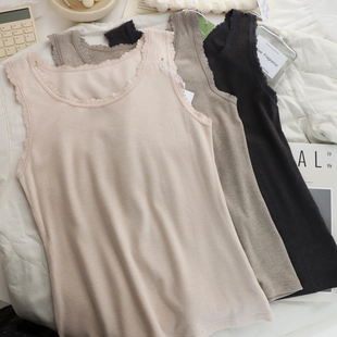 秋冬发热纤维磨毛薄加绒保暖背心打底内搭修身圆领花边螺纹女上衣