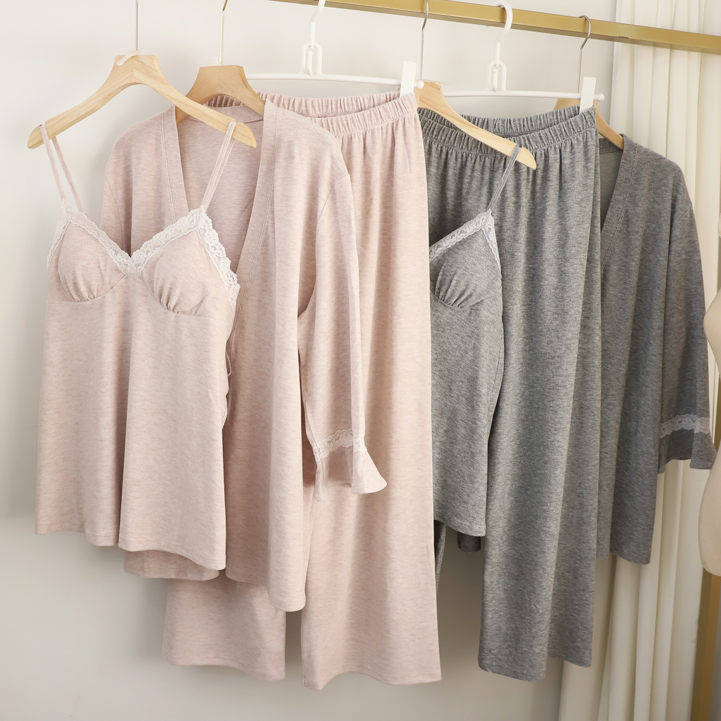 秋冬羊绒蛋白蕾丝吊带三件套外穿家居服长裤袖保暖睡袍衣带胸垫女