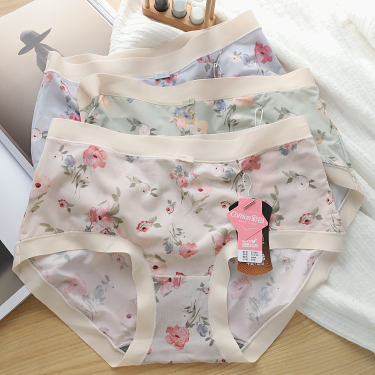 彩田超细丝滑无痕冰丝花朵舒爽速干薄透气中腰高腰石墨烯女士内裤