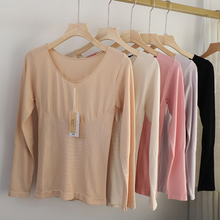 塞德纳秋冬超薄竹纤维棉保暖内衣修身不勒圆领无缝弹力女打底衫红