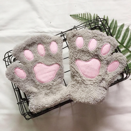 Lovely Korean Student Half-Finger Cartoon with Sweet Plush Heating Plush Cat's Claw Gloves in Winter