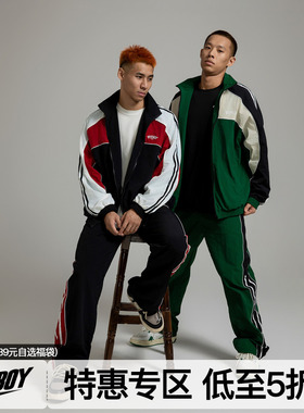 FLYBOY美式复古拼接夹克套装双拉头运动夹克外套休闲长裤