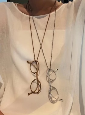文艺复古做旧眼镜吊坠项链女古金古银眼镜造型挂绳长颈链时髦