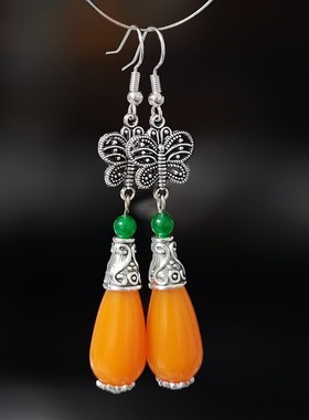 原创新款桔红色水滴耳环复古蝴蝶耳坠长款修饰脸型耳饰品民族风女