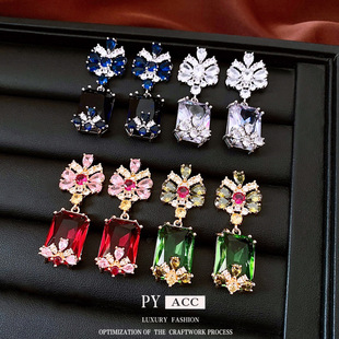 中古vintage银针锆石方形吊坠耳环复古宫廷风耳钉精致感耳饰