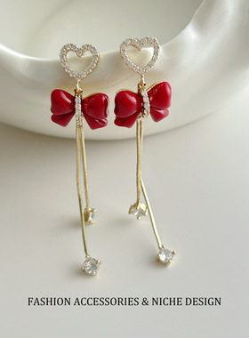 超闪锆石爱心红色蝴蝶结流速耳钉女爆款独特仙气小众轻奢耳坠耳饰