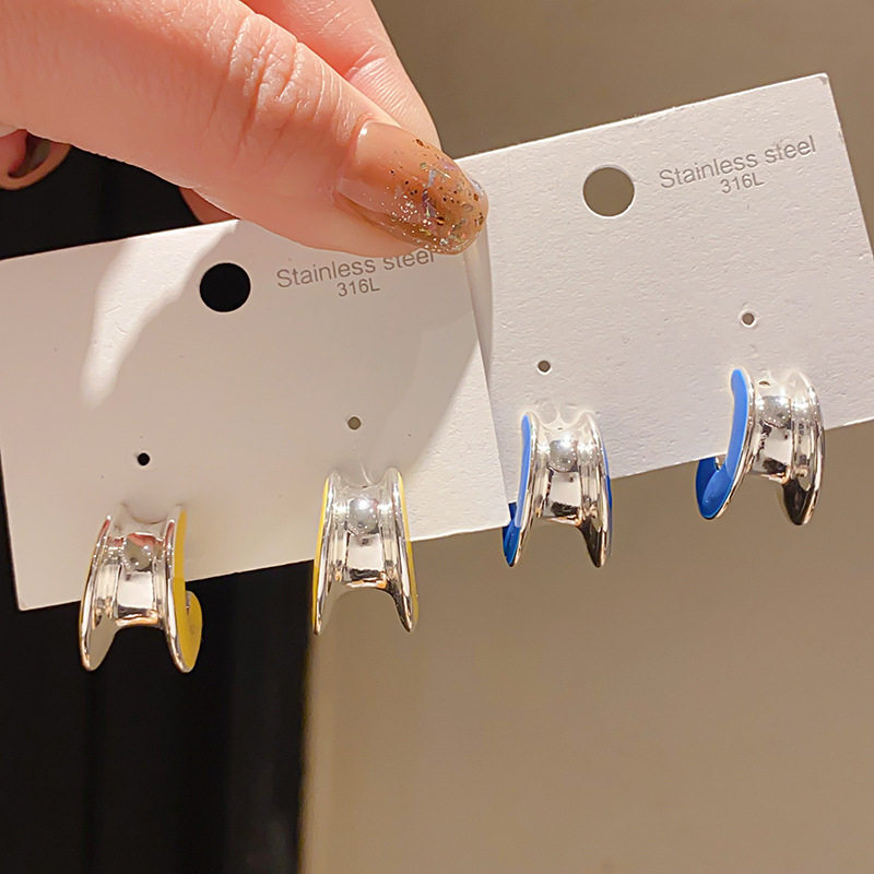 银针滴油宽面凹槽c形耳钉简约时尚设计感耳环小众个性感耳饰