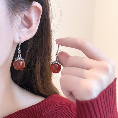欧美跨境时尚简约镶钻安克拉红珍珠气质小众个性轻奢感耳饰女
