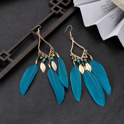 复古民族风长款显脸瘦耳环仙气羽毛云南新疆旅游拍照港风耳饰女