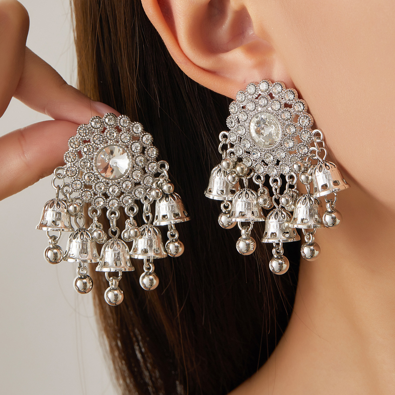 复古流苏波西米亚镶钻风铃耳环女 异域民族风圆形几何独特耳饰品