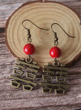 中国复古风新款饰品大红色双喜字长款耳环新娘结婚配饰品旗袍礼服