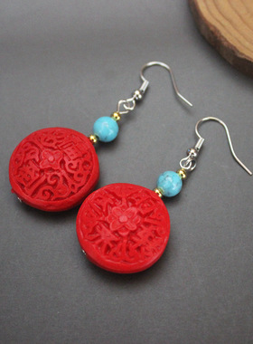 新款中国红漆雕福到耳环新年元素红色喜气耳坠过年时尚特色耳饰品