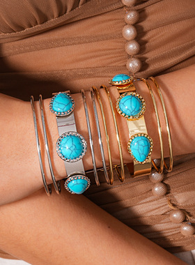 欧美跨境松石蓝色亚克力镶钻多层手镯度假风手环时尚简约百搭手饰