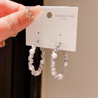 银针轻奢风仿珍珠锆石圆圈耳圈重工精致感耳钉时尚简约耳环女