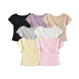 辣妹穿搭灰色深v领正肩短袖 设计感紧身显瘦性感高腰上衣 t恤女夏季