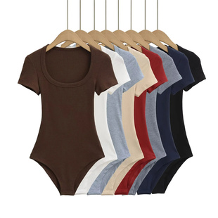 马蹄领短袖连体衣女夏季外穿2025新款弹力修身打底衫连裆t恤上衣