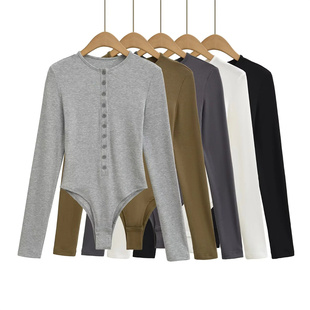 辣妹高弹长袖连体衣女秋季外穿勒阴性感单排扣紧身打底衫连裆上衣