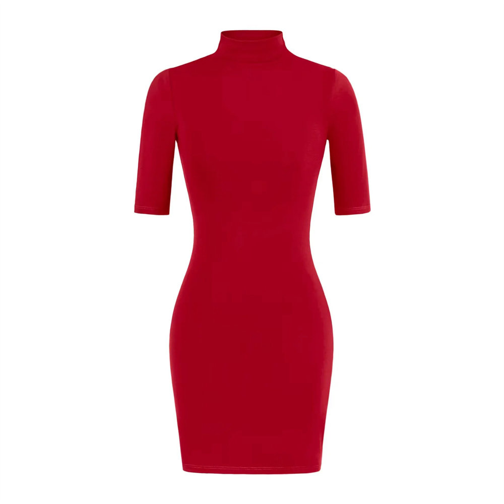 辣妹风高领短袖连衣裙女夏季小个子弹力紧身性感包臀打底裙短裙子