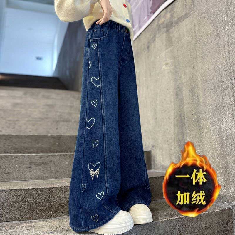 悠卡漫韩版秋冬中大童时尚裤子儿童宽松牛仔裤2025女童加绒加厚