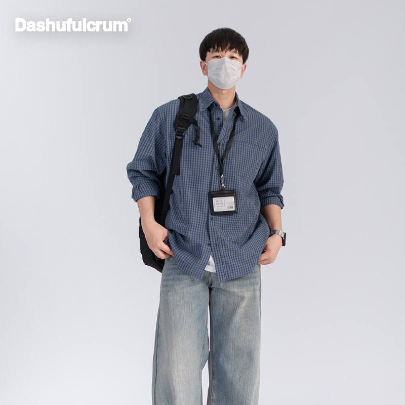 Dashufulcrum日系复古格子纽扣长袖衬衫男女春秋休闲设计衬衣外套