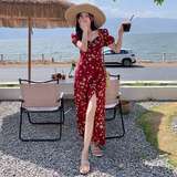 茶歇法式方领泡泡袖连衣裙女夏独特绝美红色碎花雪纺开叉收腰长裙，女装连衣裙，浙宝007（原150)