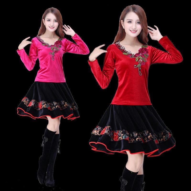 网红广场舞服装套装女跳舞短裙秋冬金丝绒演出服秧歌舞裙裤舞蹈服