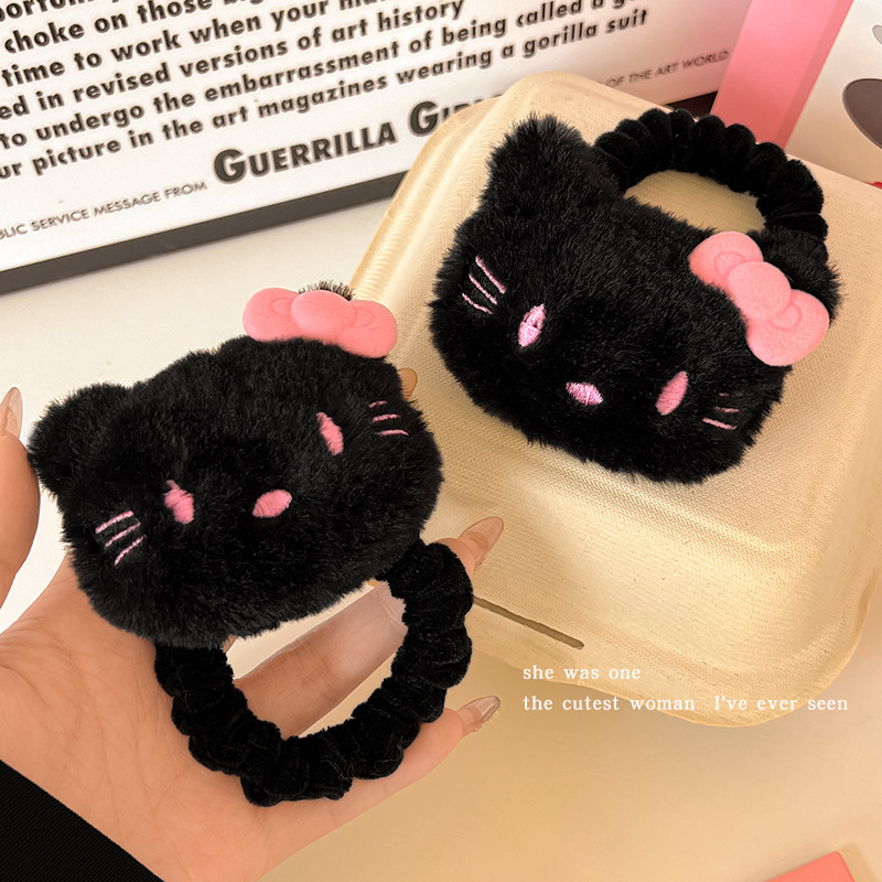 Black pink黑粉配色毛绒猫咪发圈发绳发饰甜美可爱卡通粉色蝴蝶结