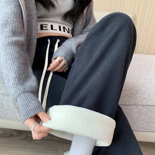 H506加绒加厚阔腿裤 女秋冬高腰垂感宽松显瘦灯芯绒直筒拖地休闲裤