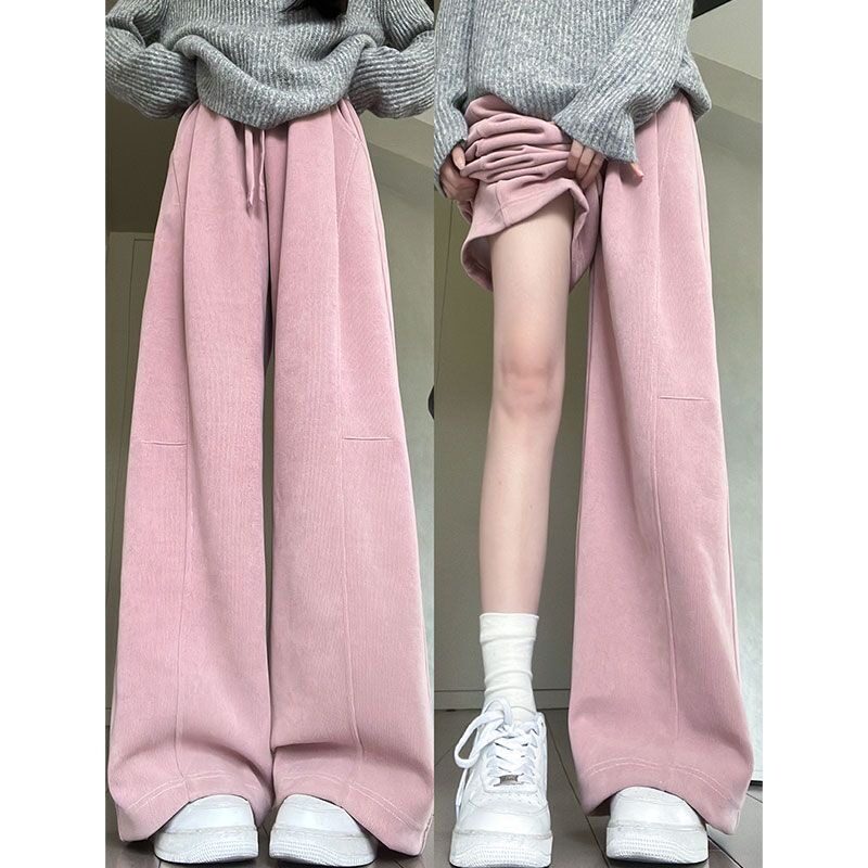粉色欧棉绒阔腿裤子女秋冬新款高腰显瘦休闲运动百搭显瘦加绒卫裤