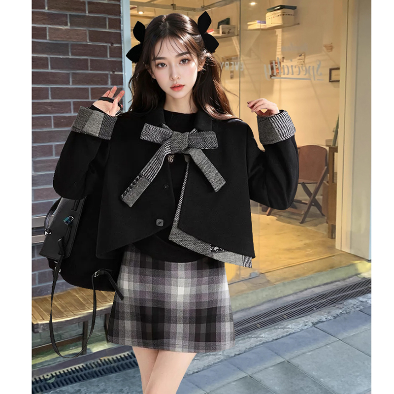 格雷千金风蝴蝶结系带短款外套2025秋冬法式氛围感穿搭两件套装裙