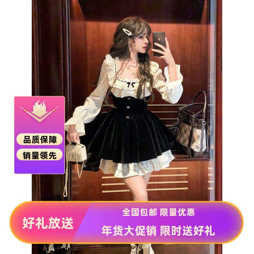 法式少女感方领连衣裙波点高级千金假两件拼色收腰短裙,女装/女士精品,连衣裙,淘宝优惠券,粉丝福利购,淘宝优惠卷