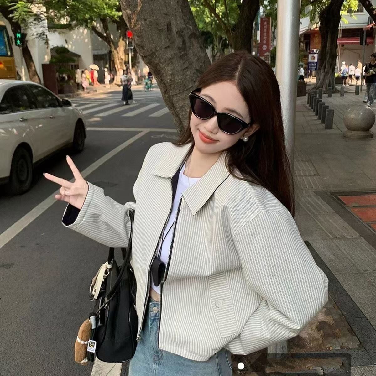 新款条纹翻领双面穿夹克